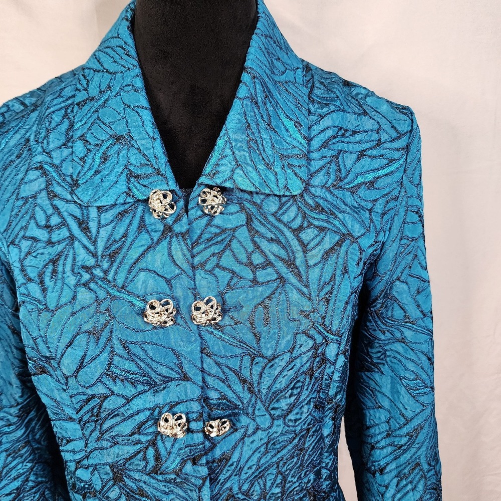New w/tag LESLIE FAY Size 8P Shimmering Turquoise Jacquard Scalloped Hem Blazer - Picture 3 of 13
